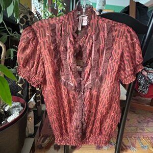 Vintage Ruffled Blouse in Red and Brown by Fire Los Angeles